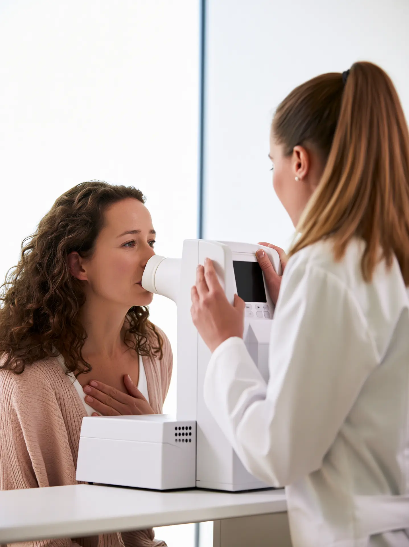 Pacientă efectuând un test de spirometrie asistată de personal medical
