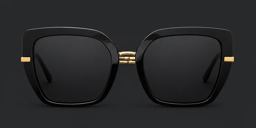 Ochelari de soare Dolce & Gabbana negri oversize cu detalii aurii, vedere frontală, disponibili la ArenaMed Optics