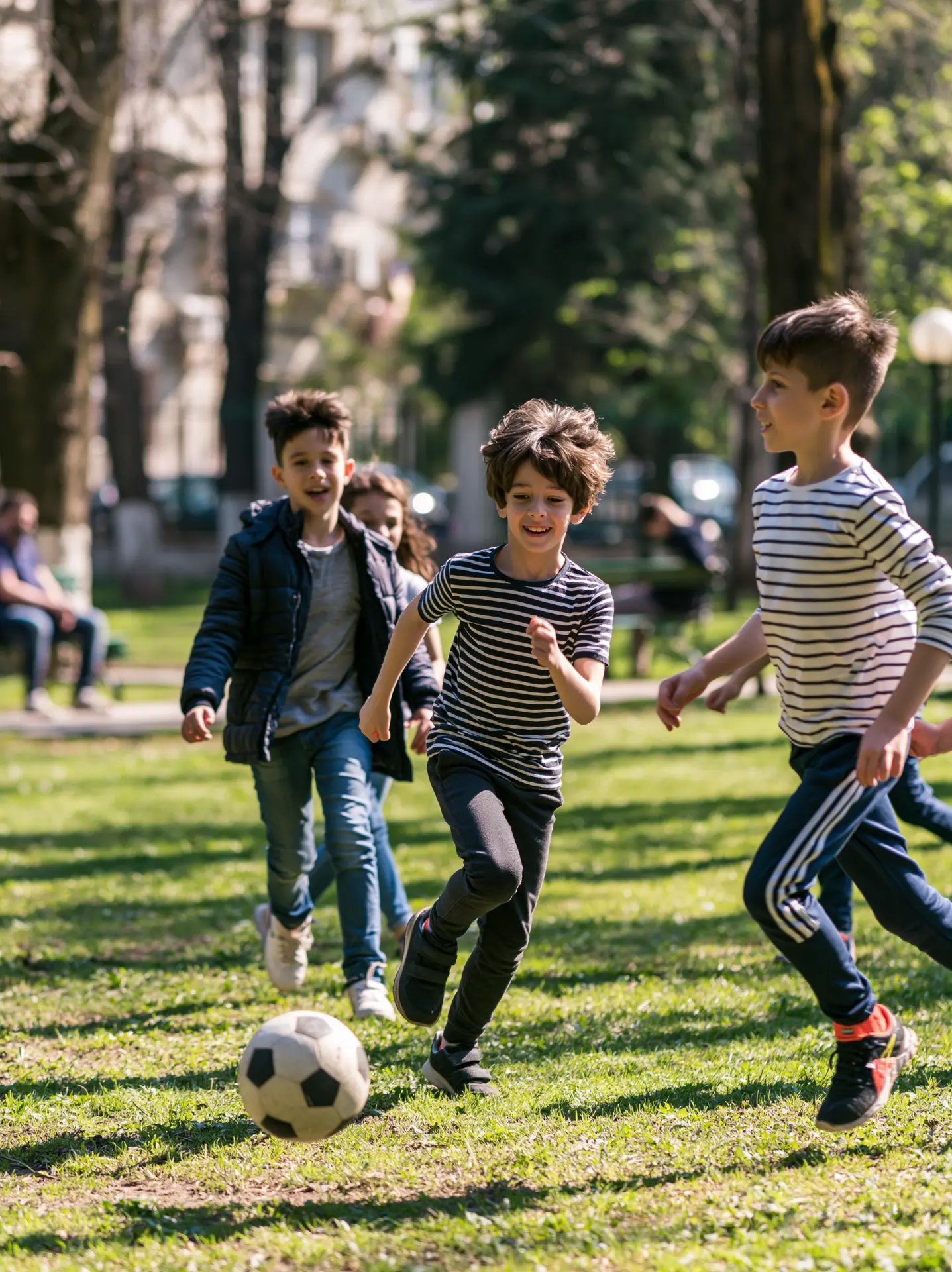 Copii de vârstă școlară jucând fotbal în parc — efortul fizic testat la consultul de cardiologie pediatrică