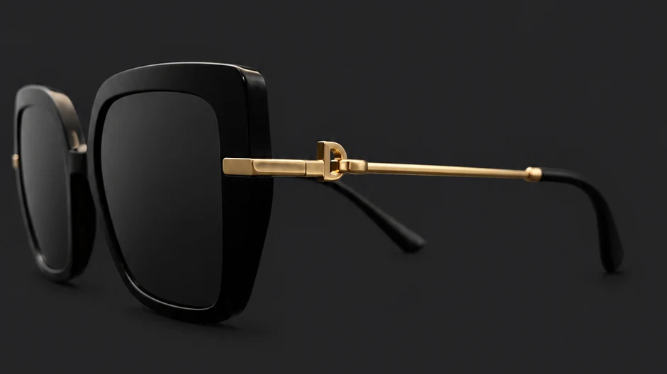 Ochelari de soare Dolce & Gabbana negri cu brațe aurii, vedere din profil