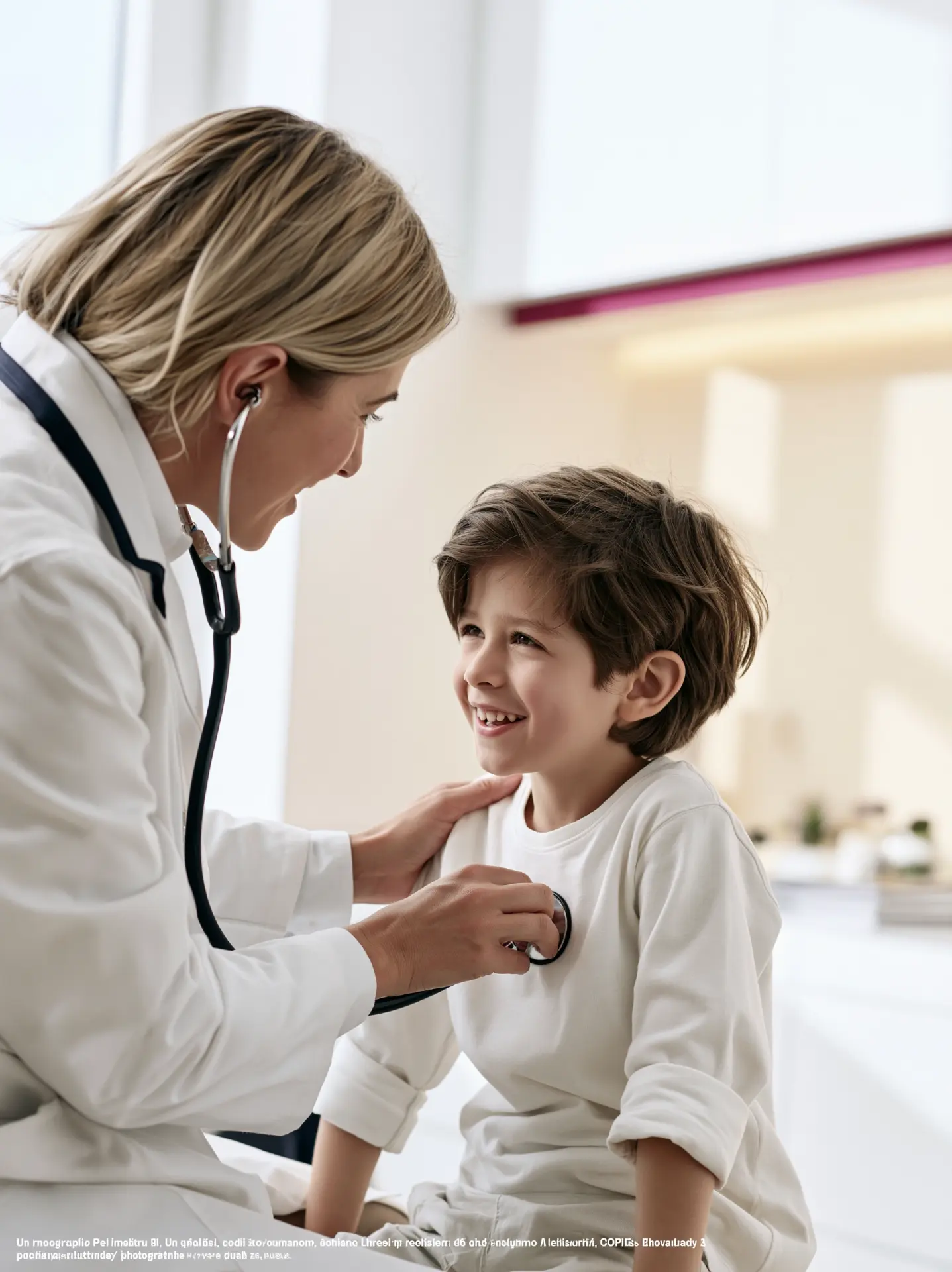 Medic pediatru ascultând cu stetoscopul inima unui copil la consultul de cardiologie pediatrică