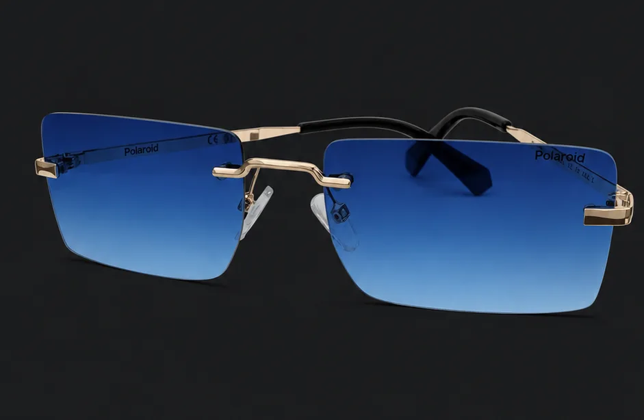 Ochelari de soare Polaroid rimless albaștri, vedere semi-profil cu punte aurie