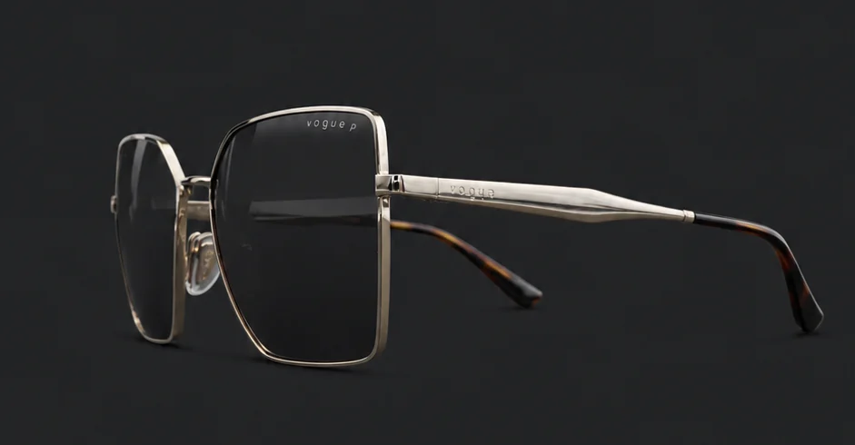 Ramă Vogue aurie supradimensionată văzută din profil, cu braț auriu și capăt tortoise, disponibilă la ArenaMed Optics