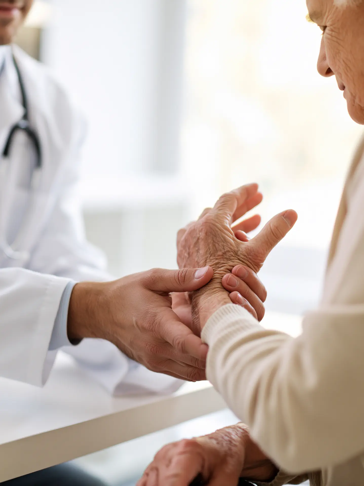 Medic reumatolog examinând articulațiile mâinii unei paciente vârstnice